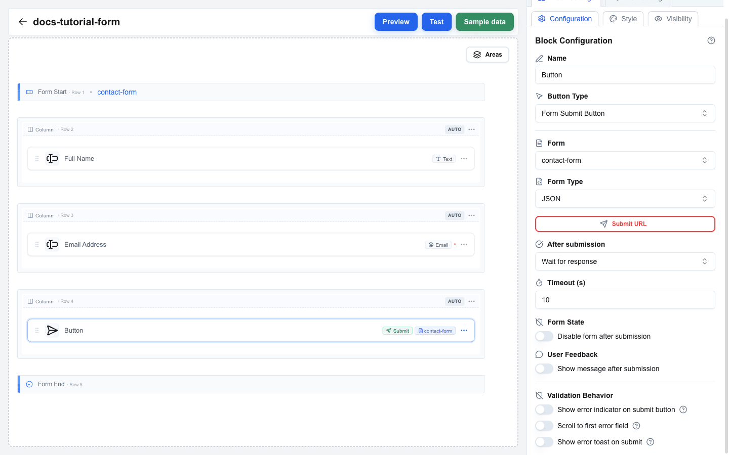Submit button settings scrolled down to show advanced submission configuration. Form Type 'JSON', a red 'Submit URL' button (empty), After submission 'Wait for response', Timeout '10' s, Form State toggle 'Disable form after submission', User Feedback toggle 'Show message after submission', and Validation Behavior toggles ('Show error indicator on submit button', 'Scroll to first error field', 'Show error toast on submit').