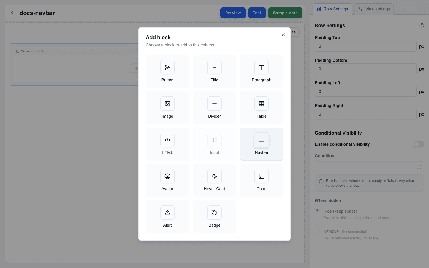 Add block dialog open over an empty full-width row on the canvas. The dialog shows a grid of block types — Button, Title, Paragraph, Image, Divider, Table, HTML, Input (disabled outside forms), Navbar, Avatar, Hover Card, Chart, Alert, Badge. The Navbar tile is highlighted with a hover state.