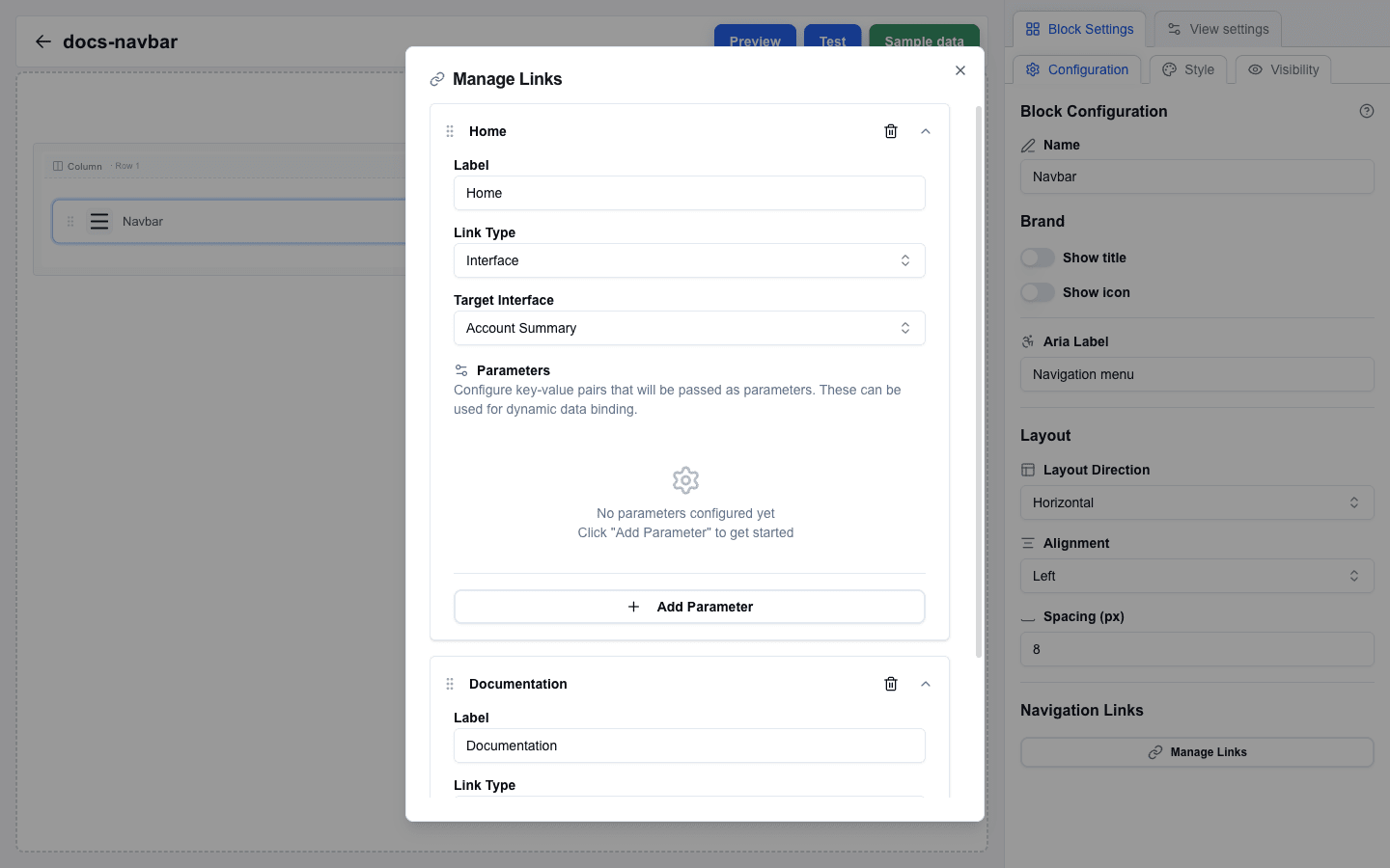 Manage Links dialog open over the navbar canvas. The first link card 'Home' is fully expanded showing Label 'Home', Link Type 'Interface', Target Interface 'Account Summary', and an empty Parameters section with an 'Add Parameter' button. A second 'Documentation' card sits below with its Label and Link Type fields visible. The right sidebar shows the Block Configuration with Brand toggles (Show title, Show icon), Aria Label 'Navigation menu', Layout (Horizontal, Left, Spacing 8), and the Manage Links button.