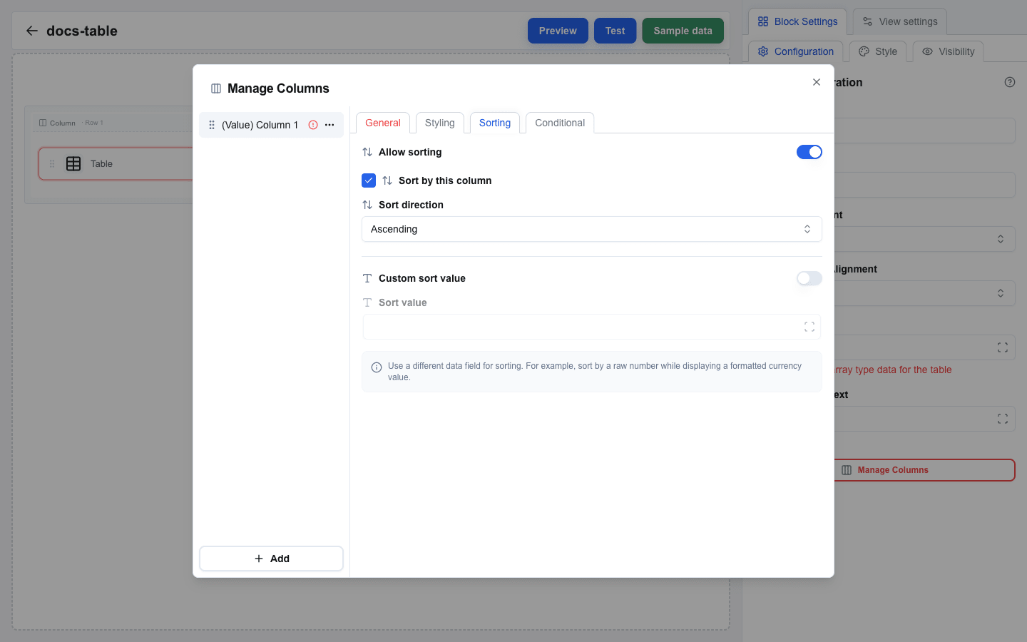 Manage Columns dialog with the Sorting tab open for a value column. Allow sorting toggle is on (blue), Sort by this column checkbox is checked, Sort direction is set to Ascending. Below them, a Custom sort value toggle (off) and a disabled Sort value Data Picker input, with a helper note explaining that custom sort value is useful for sorting by a raw number while displaying a formatted value.