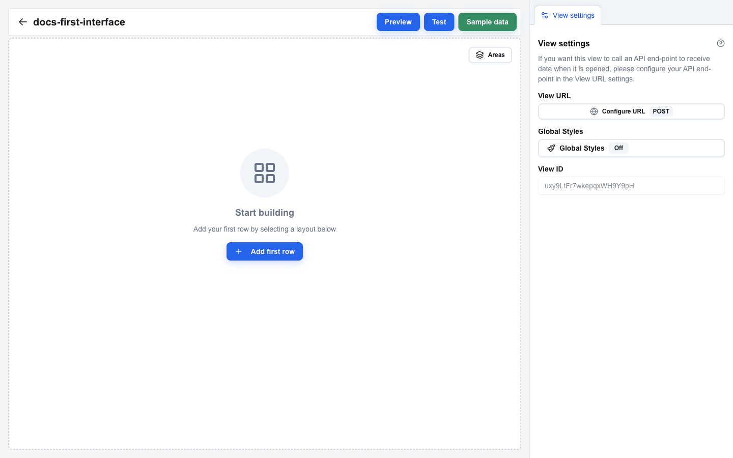 Empty Builder view. The top bar shows the view name 'docs-first-interface' on the left, a back arrow, and Preview, Test, and Sample data buttons on the right. The canvas in the center shows a 'Start building' placeholder with an 'Add first row' button. The right sidebar shows the View settings tab with View URL, Global Styles, and View ID fields.