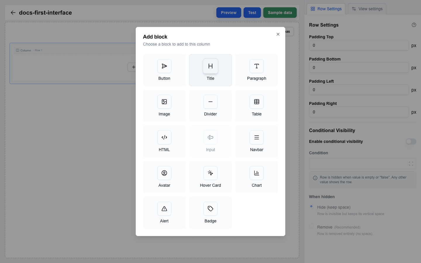 Add block dialog open over the canvas with the empty Column on the left. The dialog grid lists Button, Title, Paragraph, Image, Divider, Table, HTML, Input (disabled), Navbar, Avatar, Hover Card, Chart, Alert, and Badge. The Title tile is highlighted with a hover state.