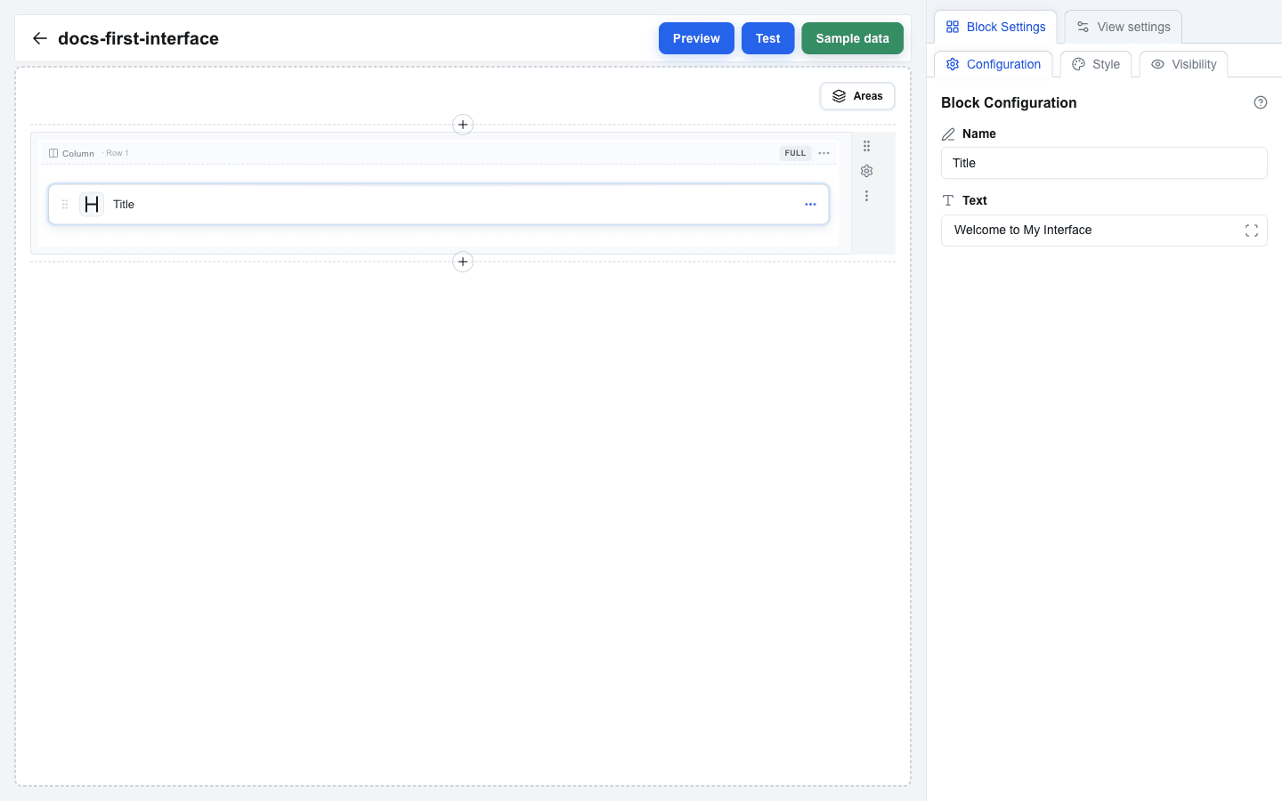 Builder canvas with a Full row containing a selected Title block. The right sidebar shows the Block Settings tab with the Configuration sub-tab open. Block Configuration fields are visible: Name 'Title' and Text 'Welcome to My Interface'.