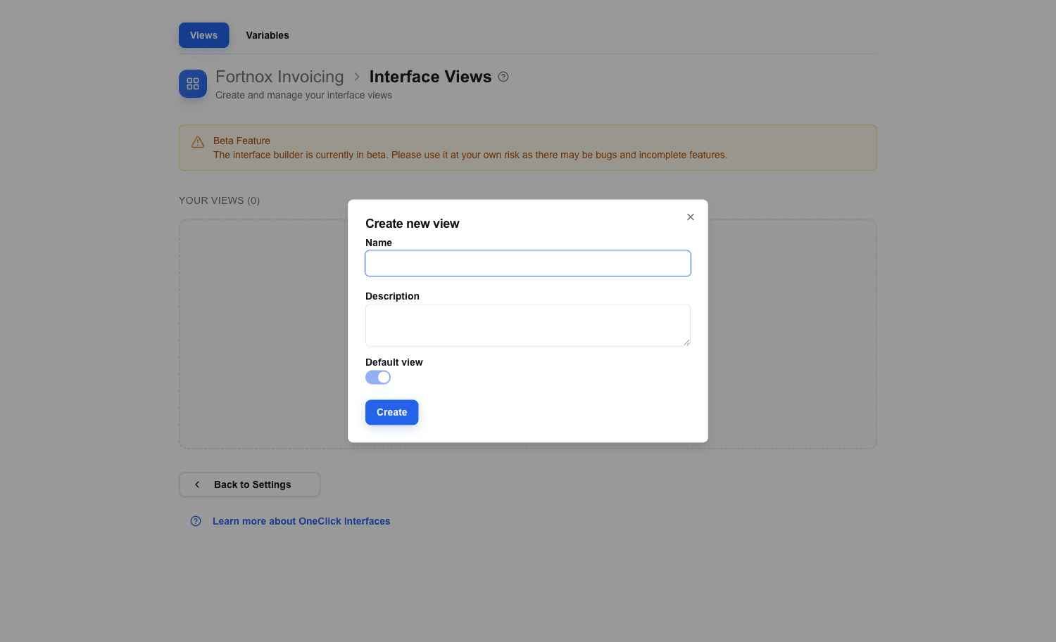 Create new view dialog overlaid on an empty Views list. The dialog contains a focused Name input, an empty Description input, a Default view toggle, and a Create button at the bottom.