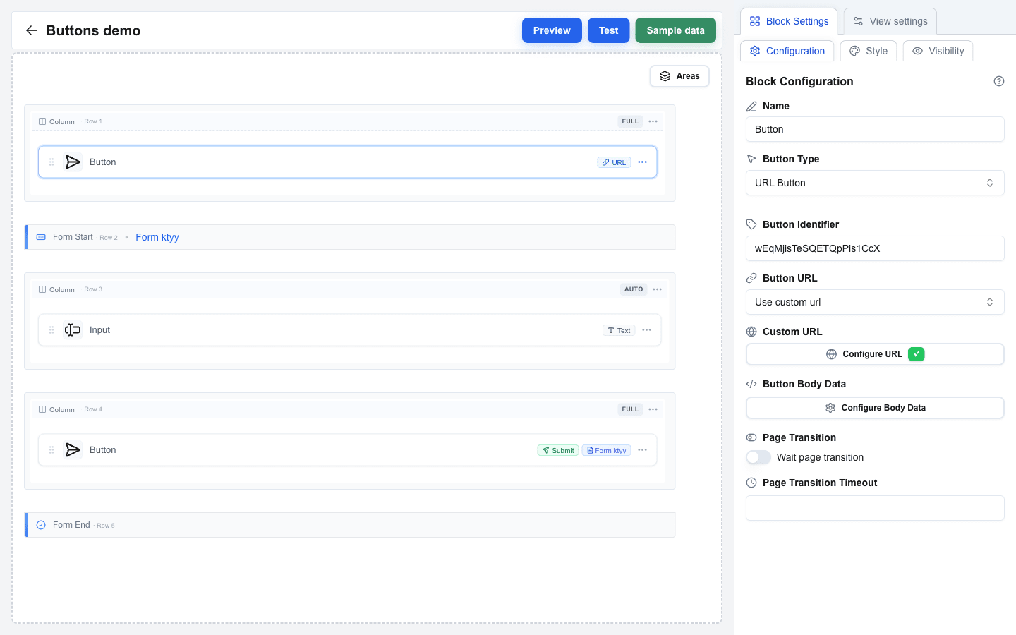 Block Configuration sidebar for a URL Button. Button Type is 'URL Button', Button Identifier holds an auto-generated id, Button URL is set to 'Use custom url', and the Custom URL Configure URL button shows a green checkmark indicating a URL has been saved. The panel also shows Button Body Data, Page Transition (Wait page transition off), and Page Transition Timeout fields.