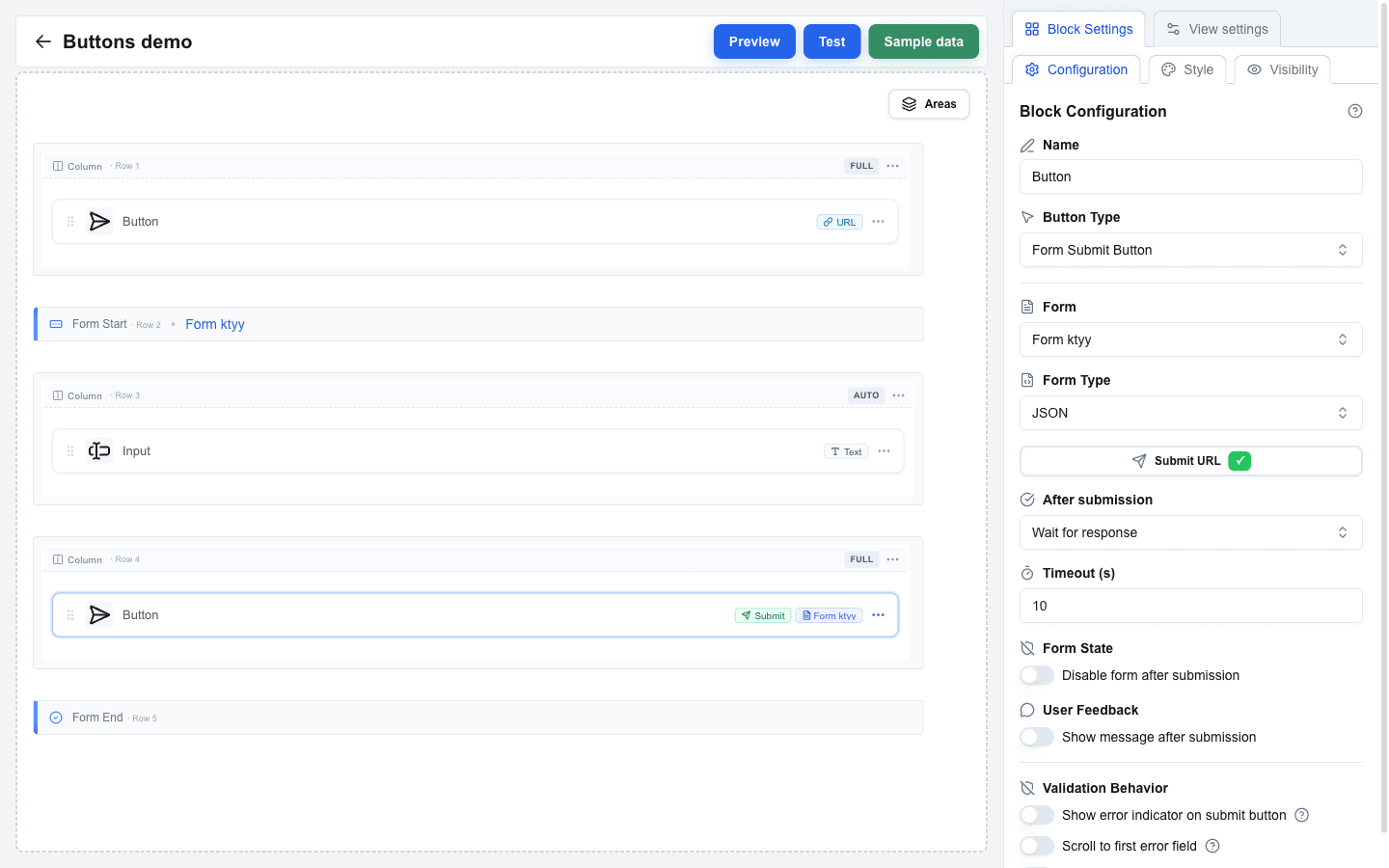 Builder canvas with a Form (Form Start, an Input row, the Submit button, Form End) plus the Block Configuration sidebar for the Submit button. The sidebar shows Button Type 'Form Submit Button', Form set to 'Form ktyy', Form Type 'JSON', a Submit URL configure button with a green checkmark indicating it has been saved, After submission set to 'Wait for response' with Timeout 10 s, and toggles for Disable form after submission, Show message after submission, Show error indicator, and Scroll to first error.
