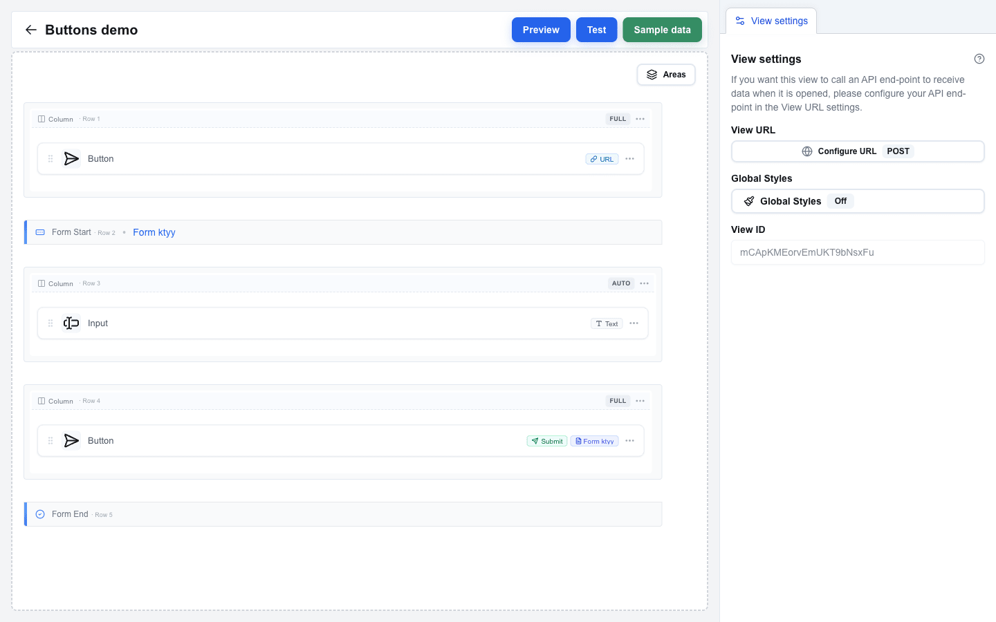 Builder canvas showing the row-based form structure: a URL Button on Row 1 sits outside the form, Form Start on Row 2 carries the 'Form ktyy' identifier, Row 3 contains the Input block, Row 4 contains the Submit Button (linked to Form ktyy via badges), and Form End closes the form on Row 5.
