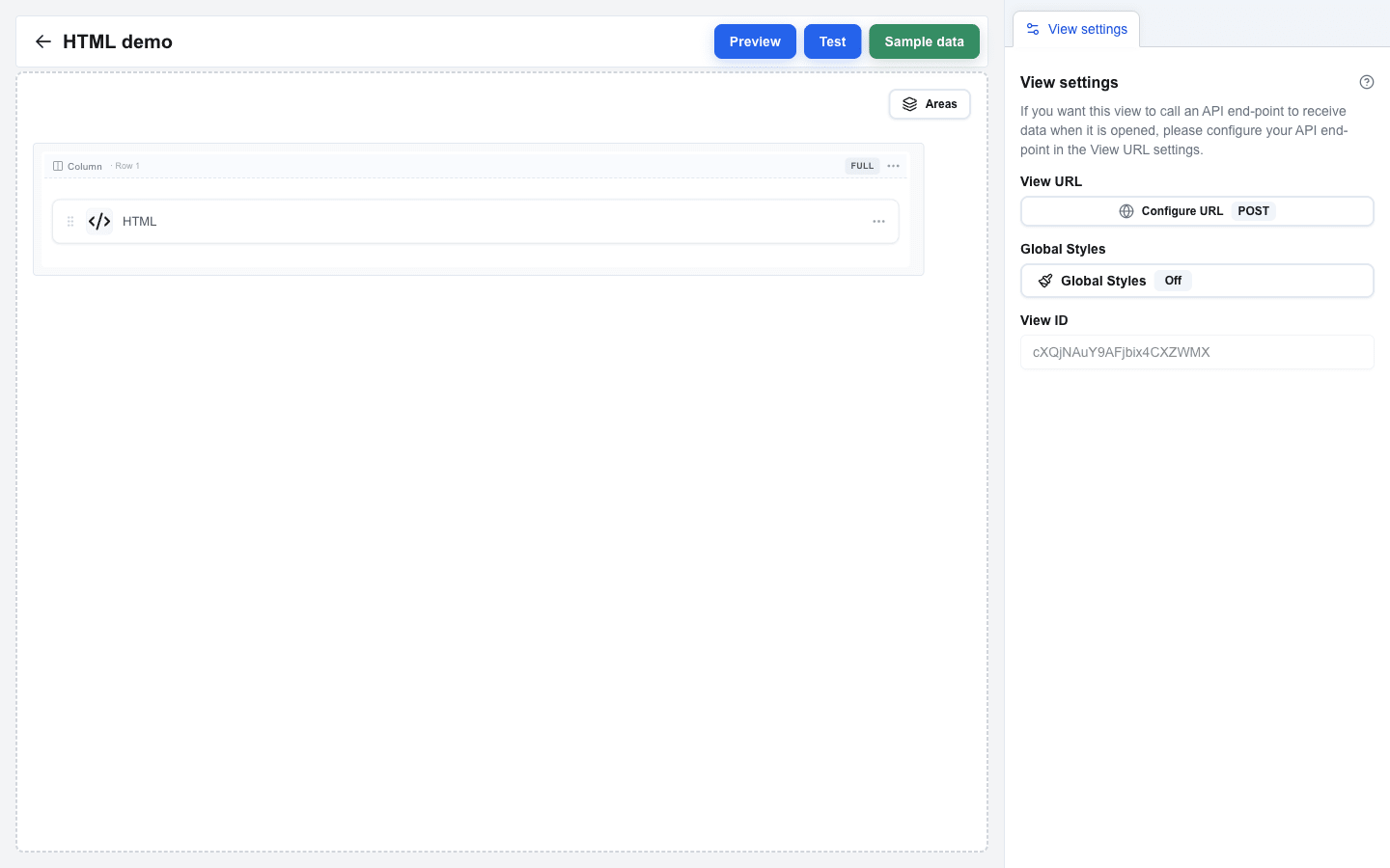 Builder view of the 'HTML demo' interface: the canvas with one row sits on the left, the sidebar with the View settings tab fills the right edge, and the top bar with the view name and Preview / Test / Sample data buttons runs along the top.