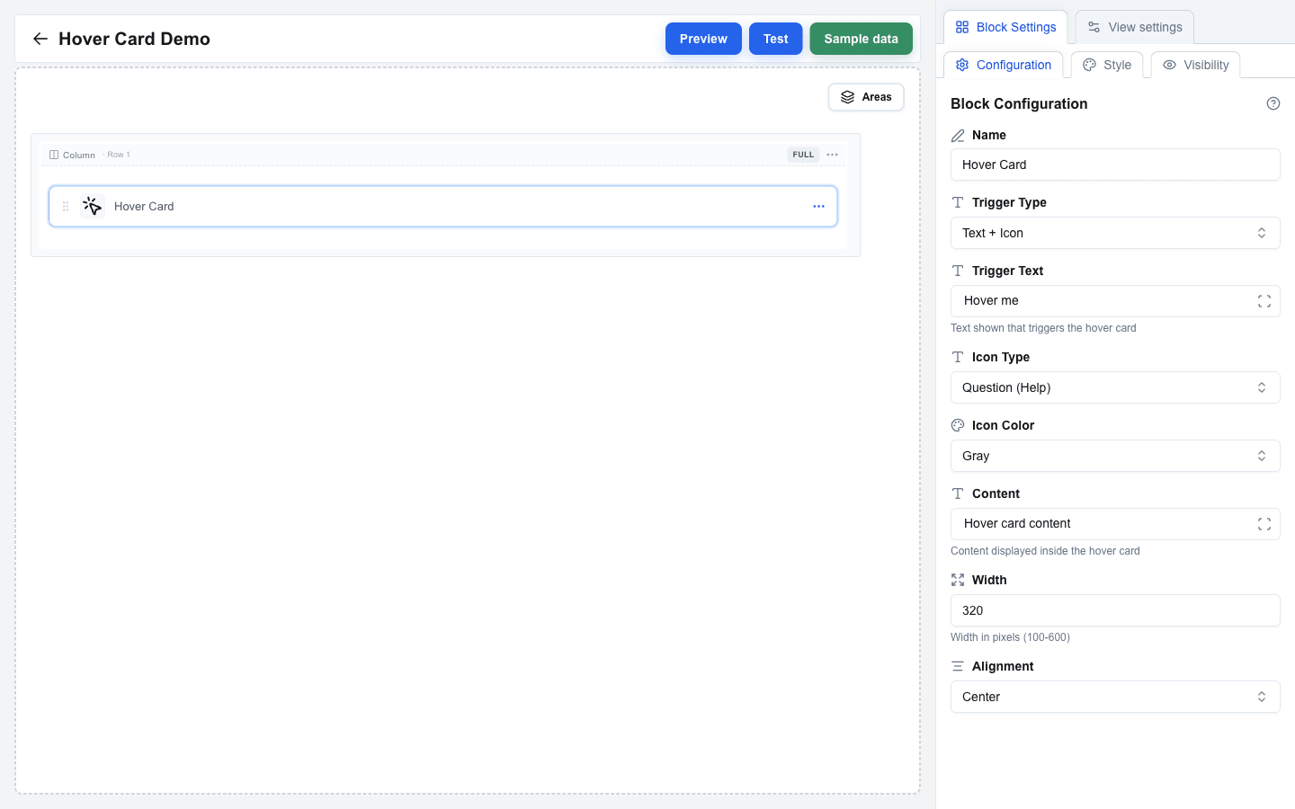 Builder view 'Hover Card Demo' with a Hover Card block selected on the canvas. The Block Settings sidebar shows the Configuration sub-tab populated: Trigger Type 'Text + Icon', Trigger Text 'Hover me', Icon Type 'Question (Help)', Icon Color 'Gray', Content 'Hover card content', Width 320, and Alignment 'Center'.