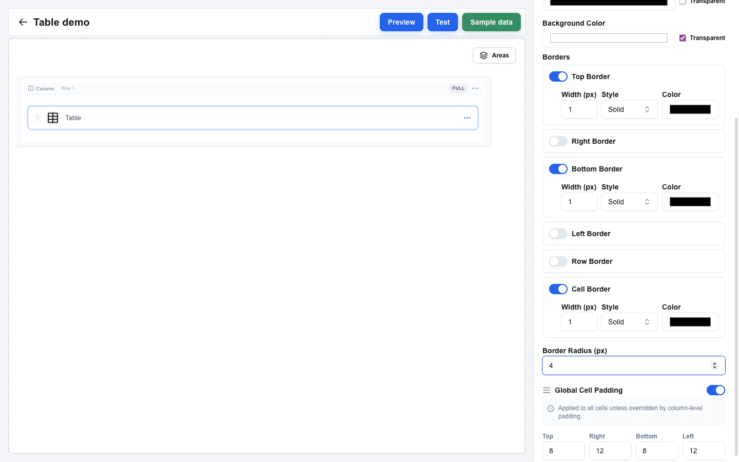 Style sub-tab for the Table block on the Table demo view. Borders section: Top Border on (1 px Solid), Right Border off, Bottom Border on (1 px Solid), Left Border off, Row Border off, Cell Border on (1 px Solid). Border Radius is 4 px. Global Cell Padding switch is on with Top 8, Right 12, Bottom 8, Left 12 px values.
