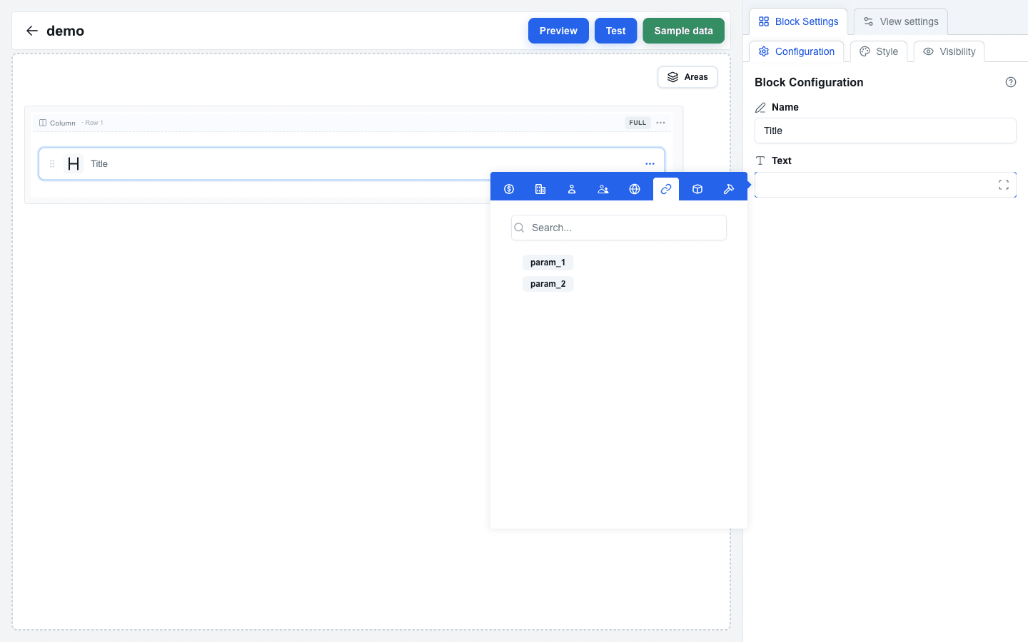 Builder canvas with a Title block selected. The Data Picker popup is open below the block on the searchparams tab (the link icon highlighted in the icon-only tab strip at the top), showing two pill-shaped parameters 'param_1' and 'param_2' under a search input.