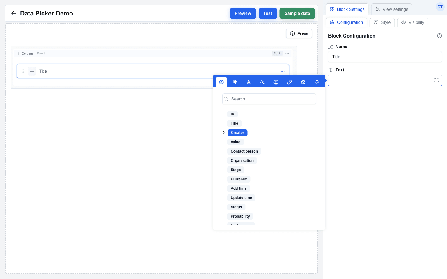 Builder view 'Data Picker Demo' with a Title block selected on the canvas. The Data Picker tooltip is open beside the Block Settings sidebar's Text field. Eight tab icons run along the top (Deal selected). Below them a search box and the Deal field tree: ID, Title, Creator (with an expand chevron), Value, Contact person, Organisation, Stage, Currency, Add time, Update time, Status, Probability.