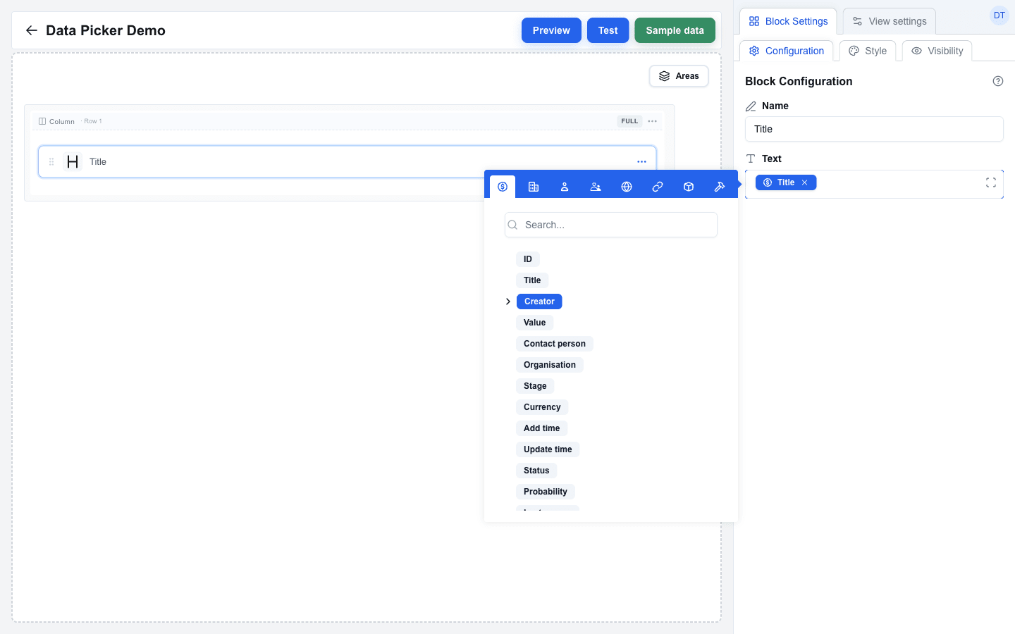 Builder view 'Data Picker Demo' with a Title block selected. The Block Settings sidebar's Text field shows a single blue 'Title' badge with a small × delete icon. The Data Picker tooltip is open beside the Block Settings panel: the Deal tab is selected (the dollar-sign tab) and the field tree below shows ID, Title, Creator (with an expand chevron), Value, Contact person, Organisation, Stage, Currency, Add time, Update time, Status, Probability.