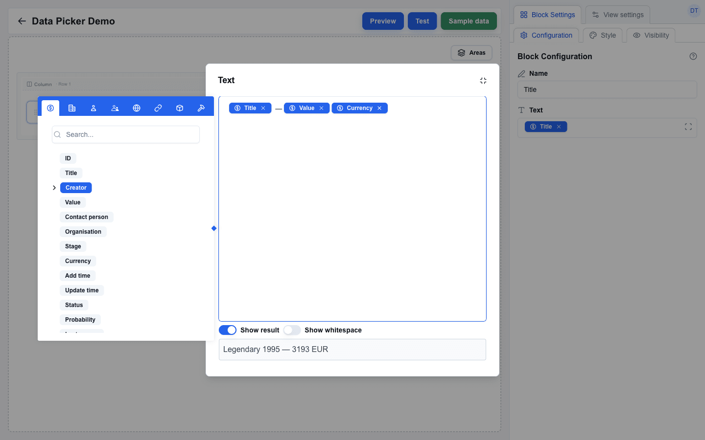 Expand dialog open over the builder canvas. The dialog header reads 'Text' with a minimize icon top-right. A large Slate editor in the centre holds three placeholder badges separated by an em-dash and a space — Title, Value, Currency. Below it the Show result switch is on (showing the rendered preview 'Legendary 1995 — 3193 EUR' beneath the editor) and the Show whitespace switch is off. The Data Picker tooltip floats to the left of the dialog with the Deal tab selected.
