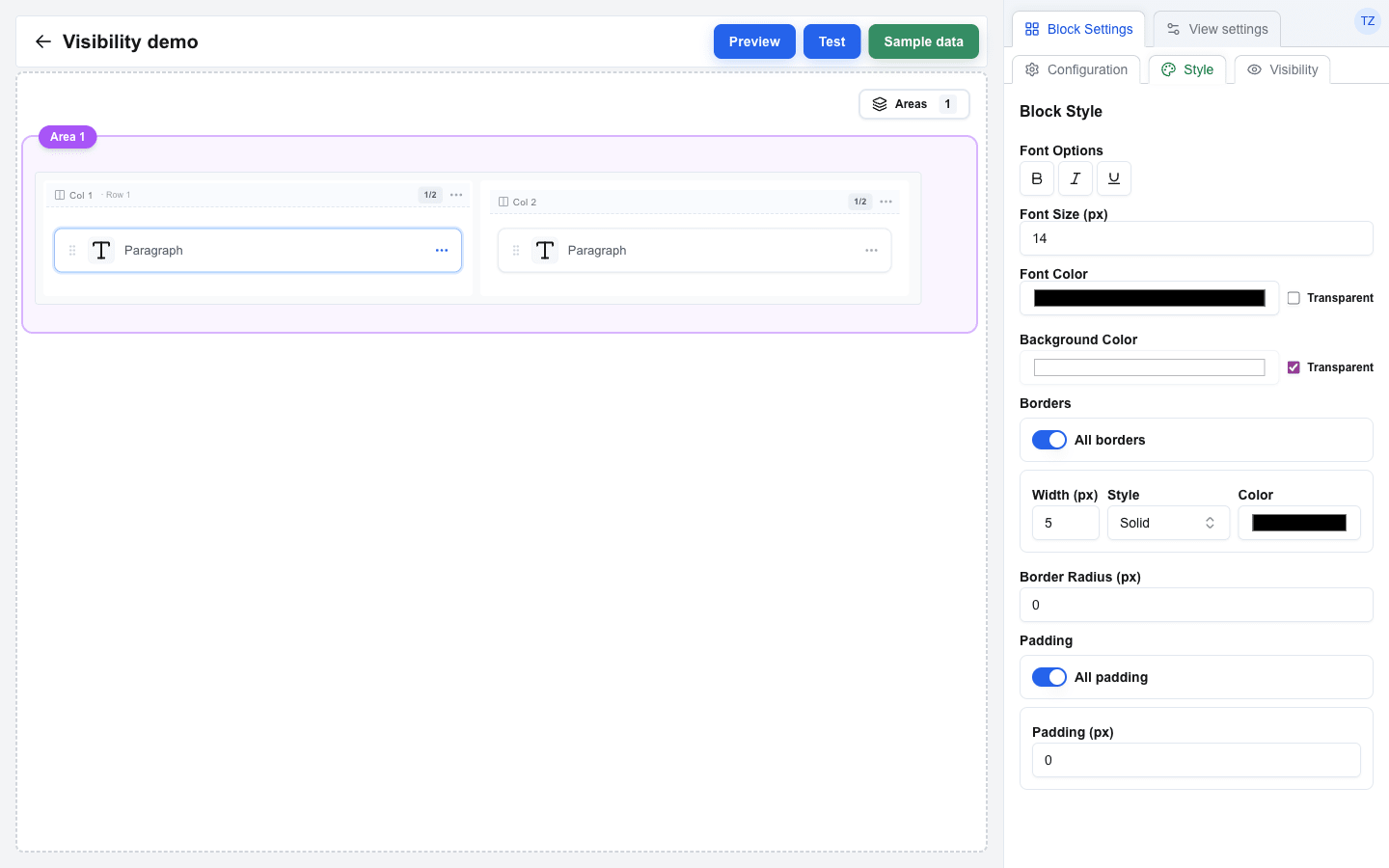 Block Style sub-tab with All borders on and All padding on. The Borders section shows a single Width / Style / Color card (Width 5, Solid, black) below the All borders switch. The Padding section shows a single Padding (px) input set to 0 below the All padding switch. Border Radius sits between the two as 0.