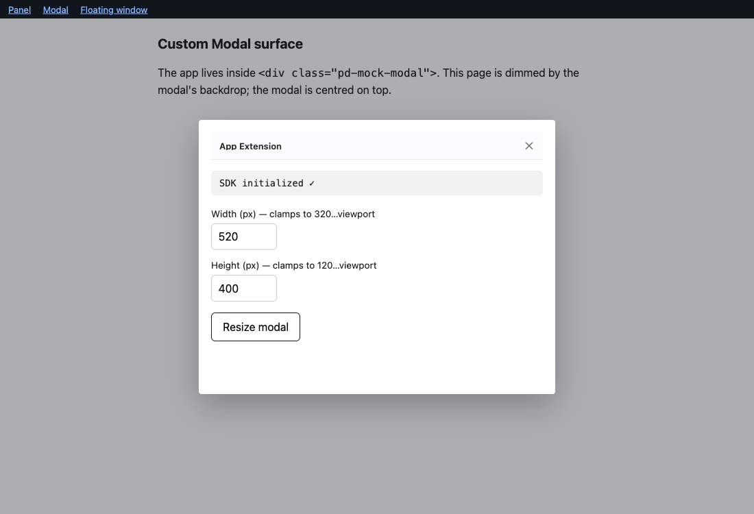 A mock-host Custom Modal with a header bar and close button.