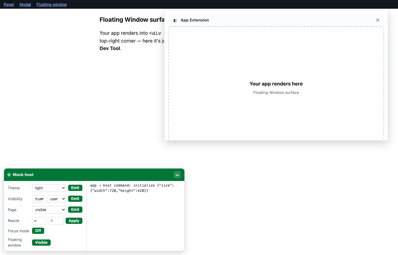 The Dev Tool on the Floating Window page. Because a floating window is the active surface, the Controls column now also shows the Focus mode and Floating window toggles that stay hidden on the panel and modal pages.