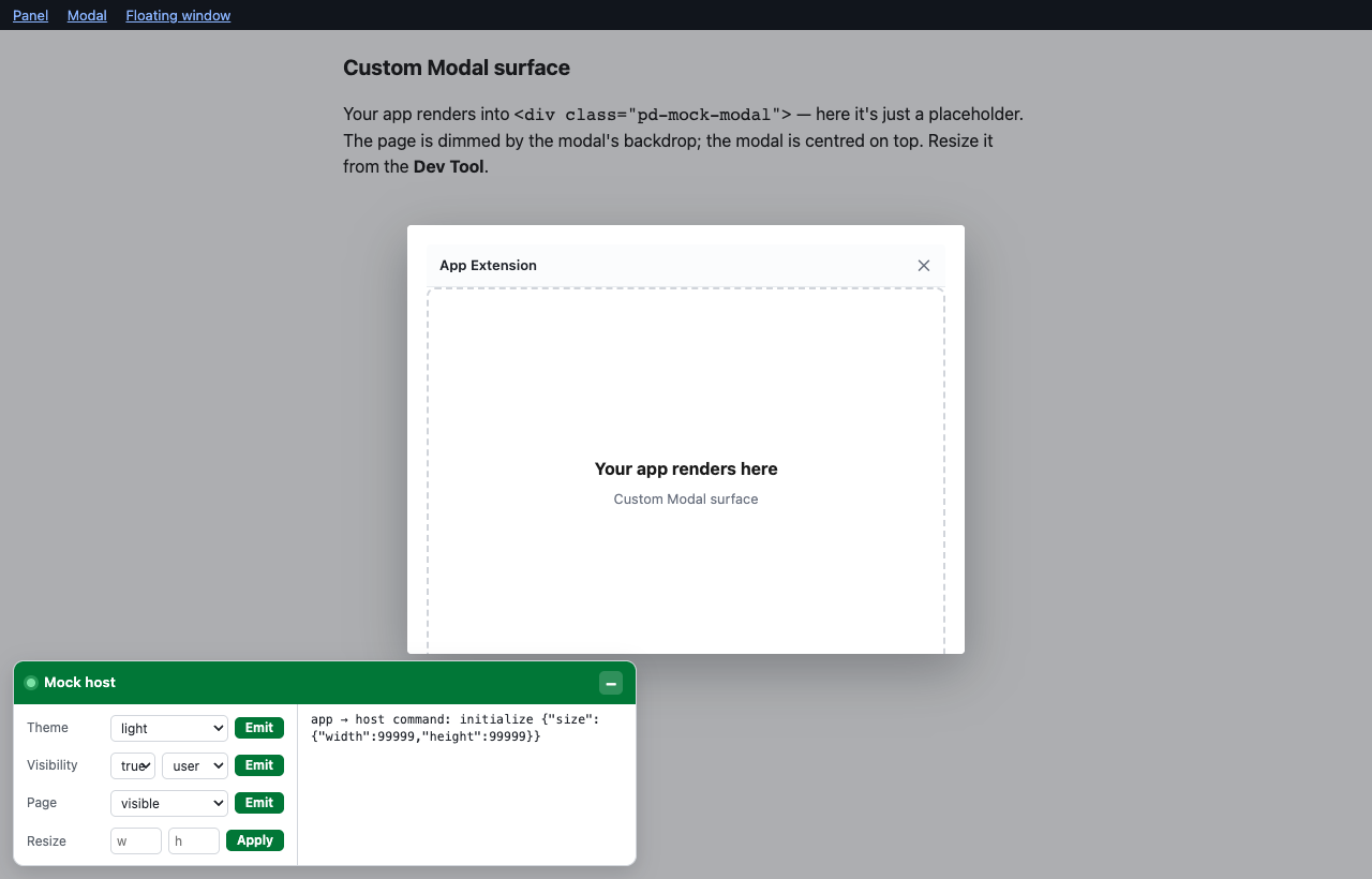 The Dev Tool in its default bottom-left corner alongside a centred Custom Modal. The modal surface is an empty "Your app renders here" placeholder over a dimmed backdrop, and the Focus mode / Floating window controls are absent because the active surface is a modal.