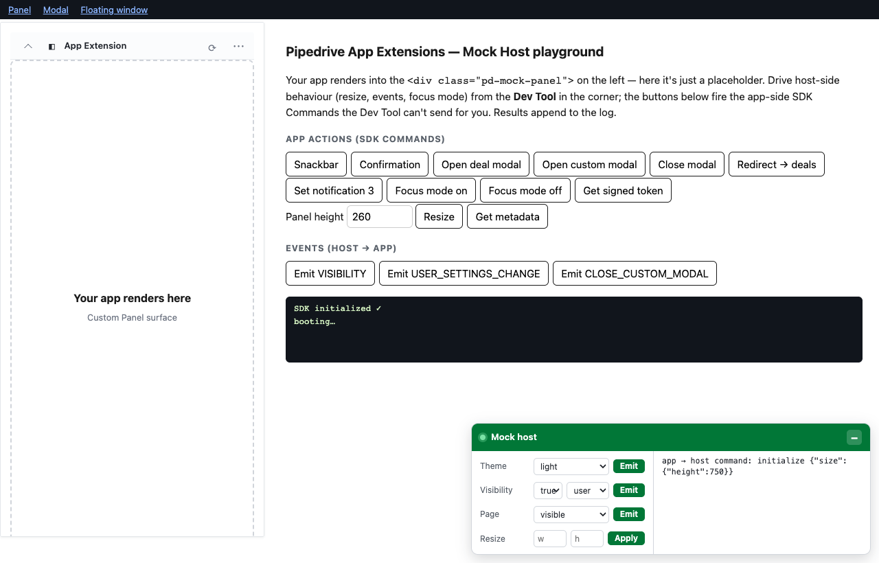 The mock host's Dev Tool docked in the bottom-right corner of the Custom Panel page. The app surface on the left is an empty "Your app renders here" placeholder; the Dev Tool shows a green "Mock host" header, a Controls column (Theme, Visibility, Page, Resize) and an Active Log listing the app's initialize command.