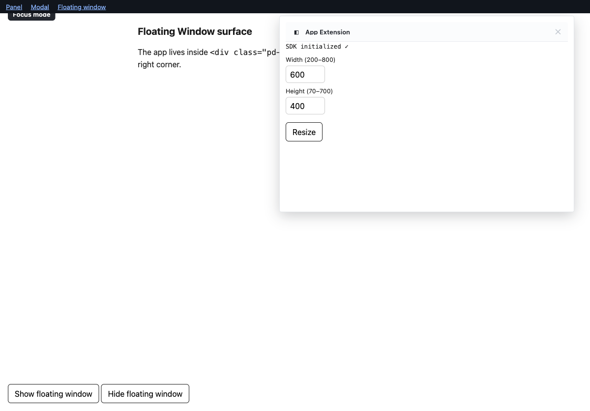 A mock-host floating window in focus mode (top-right) with a disabled close button and a focus-mode badge.