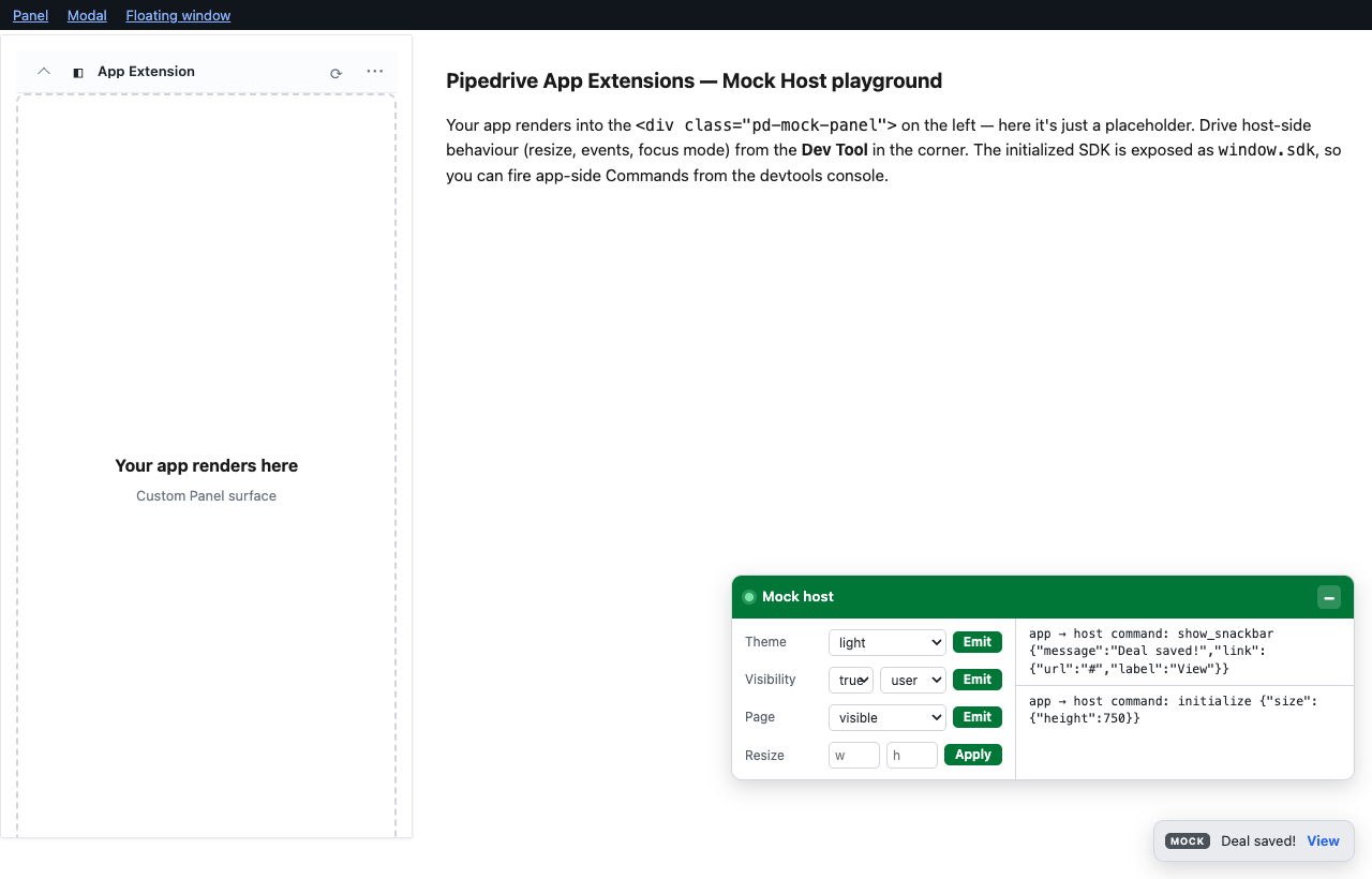 The mock host running on localhost: a Custom Panel surface with a "Your app renders here" placeholder and header bar, a snackbar reading "MOCK Deal saved!" in the corner, and the Dev Tool's Active Log showing the app's show_snackbar command.