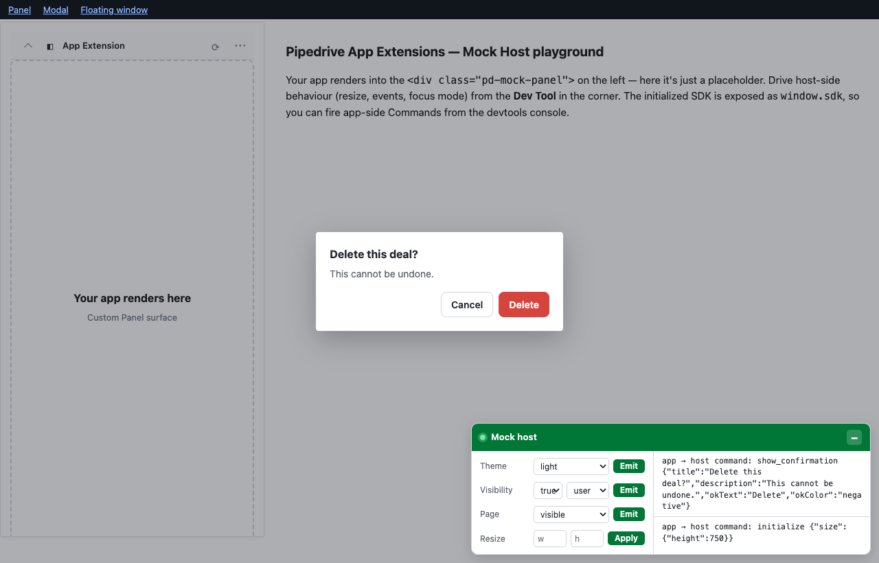 A mock-host confirmation dialog ("Delete this deal?" with Cancel and Delete buttons) centred over the dimmed playground, with the Dev Tool's Active Log showing the app's show_confirmation command.