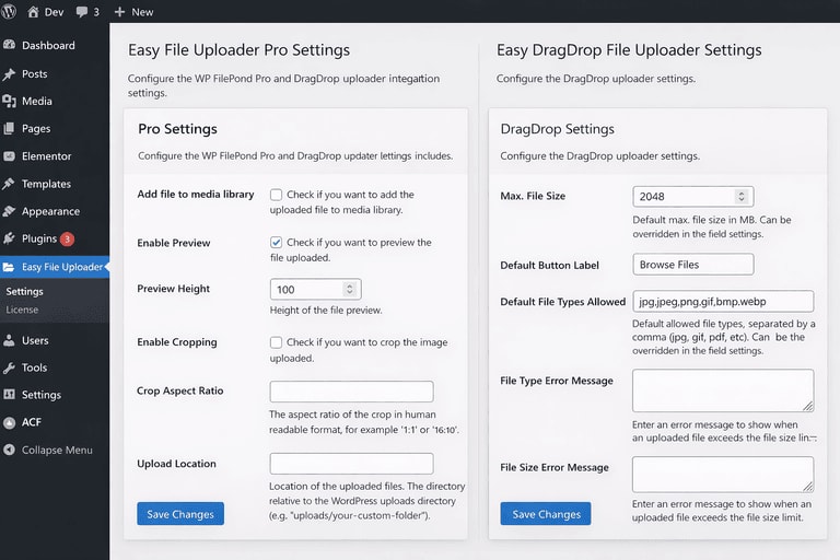 Easy File Uploader Pro Settings - ZIORWeb.Dev | WordPress Development ...