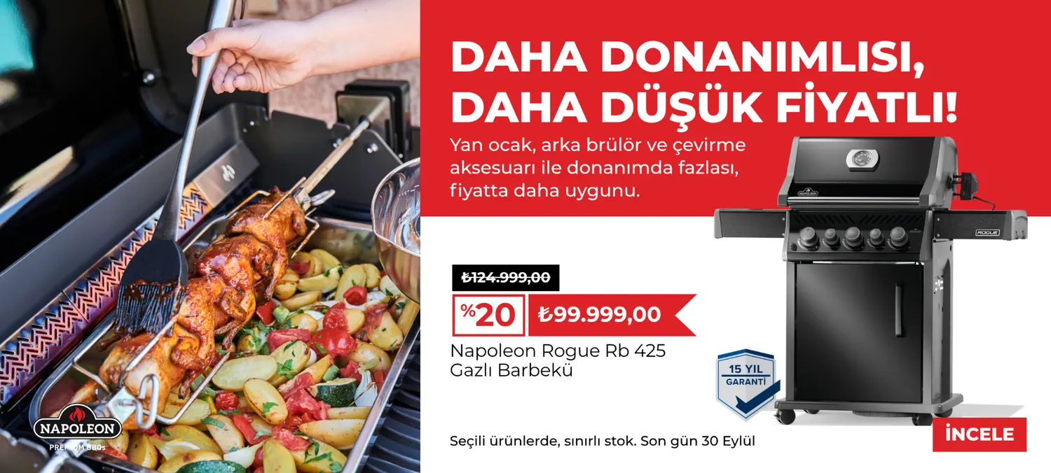 Napoleon Rogue RB 425 gazlı barbekü - yan ocak, arka brülör ve çevirme aksesuarı