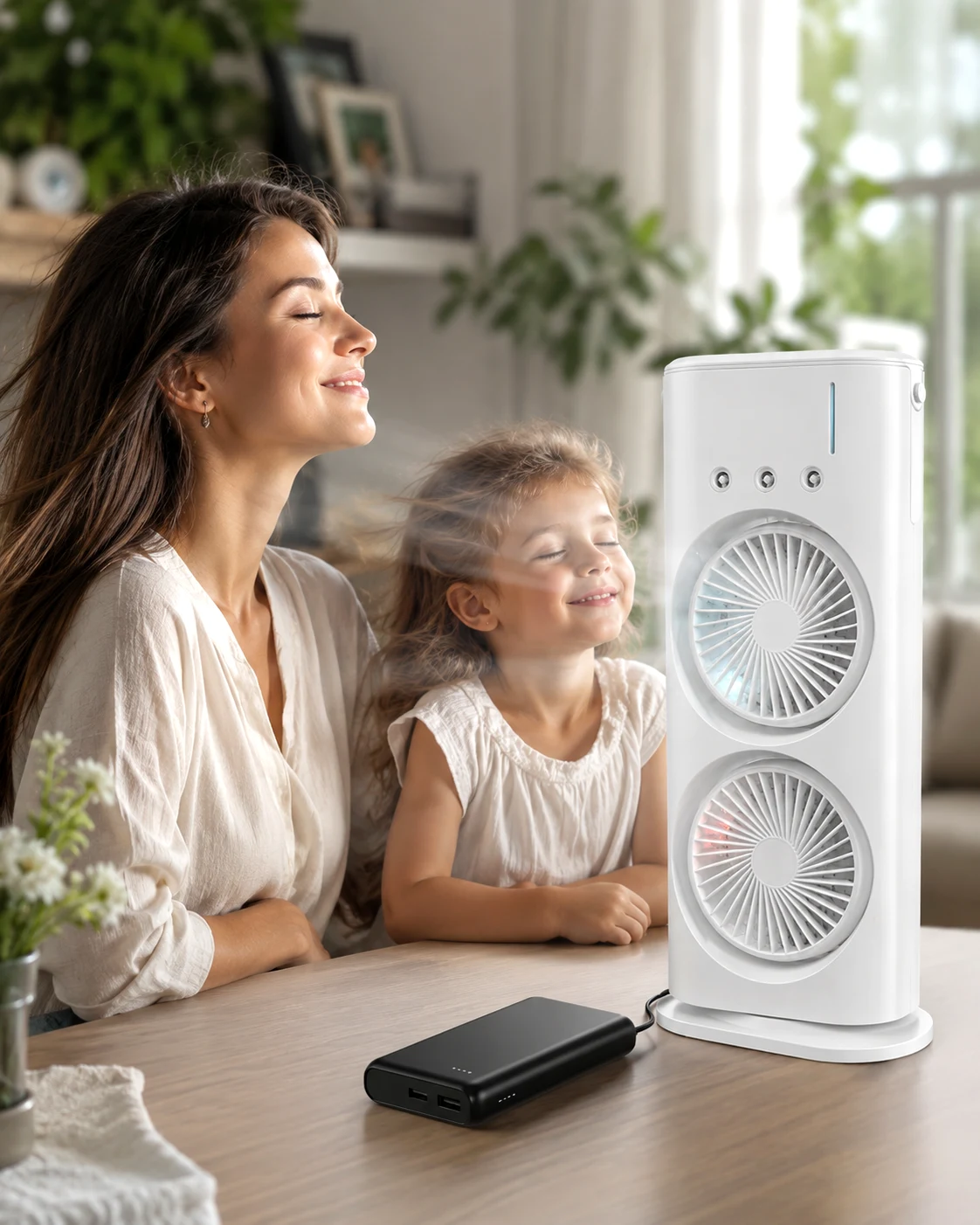 Double-Sided Rechargeable Water Mist Air Cooler & Humidifier Fan with Remote + 10,000mAh Power Bank