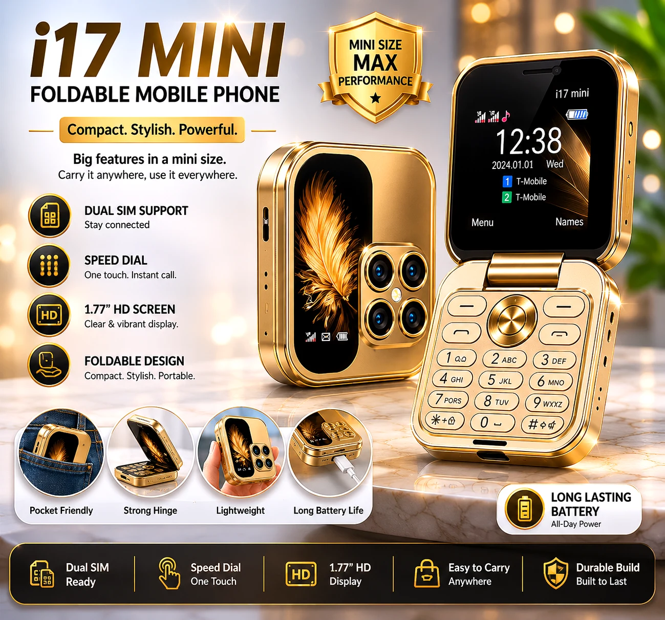 i17 Mini Foldable Dual SIM Mobile Phone