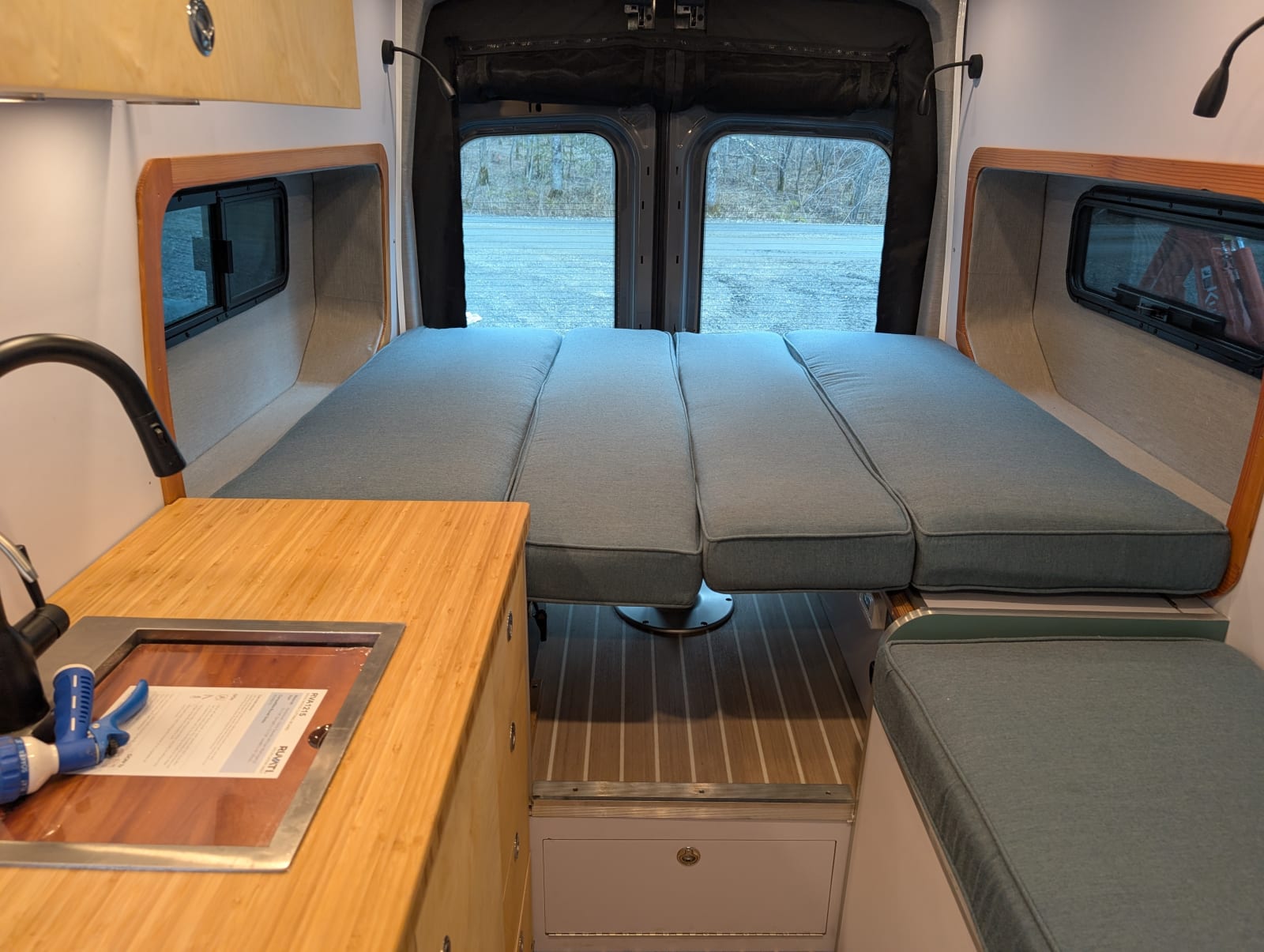 The bed inside the van