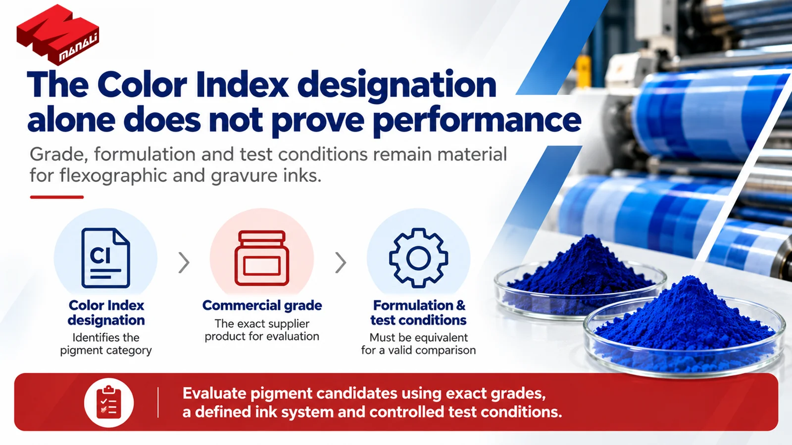 Color Index identity, commercial grade and formulation or test conditions shown as separate layers needed to interpret pigment performance.