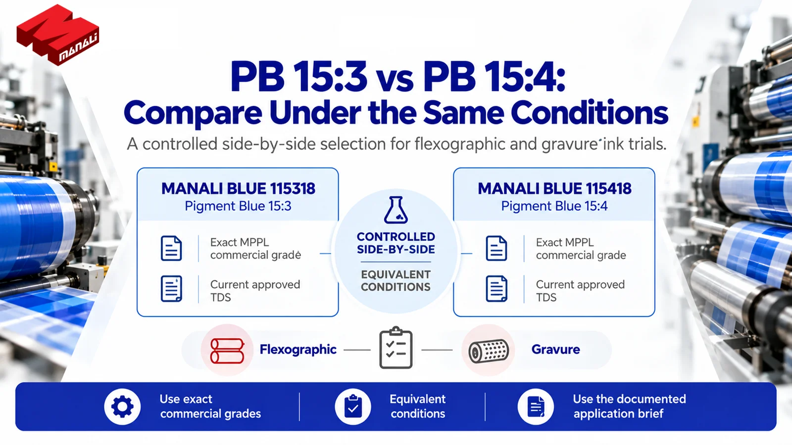 MANALI BLUE 115318 and MANALI BLUE 115418 presented as candidates for a controlled flexographic and gravure ink comparison.