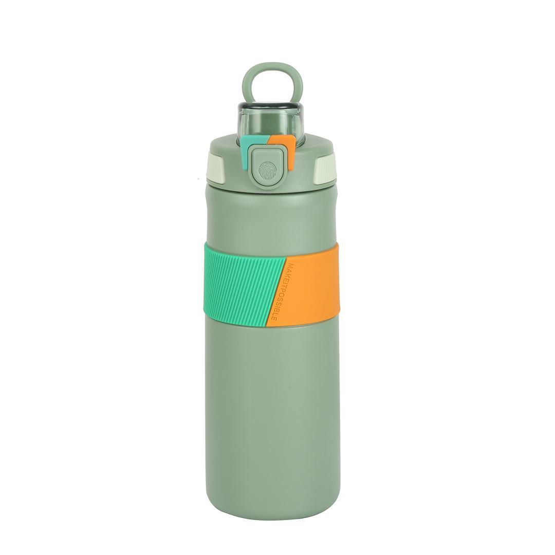 Green drink bottle with a carrying loop and orange side panel