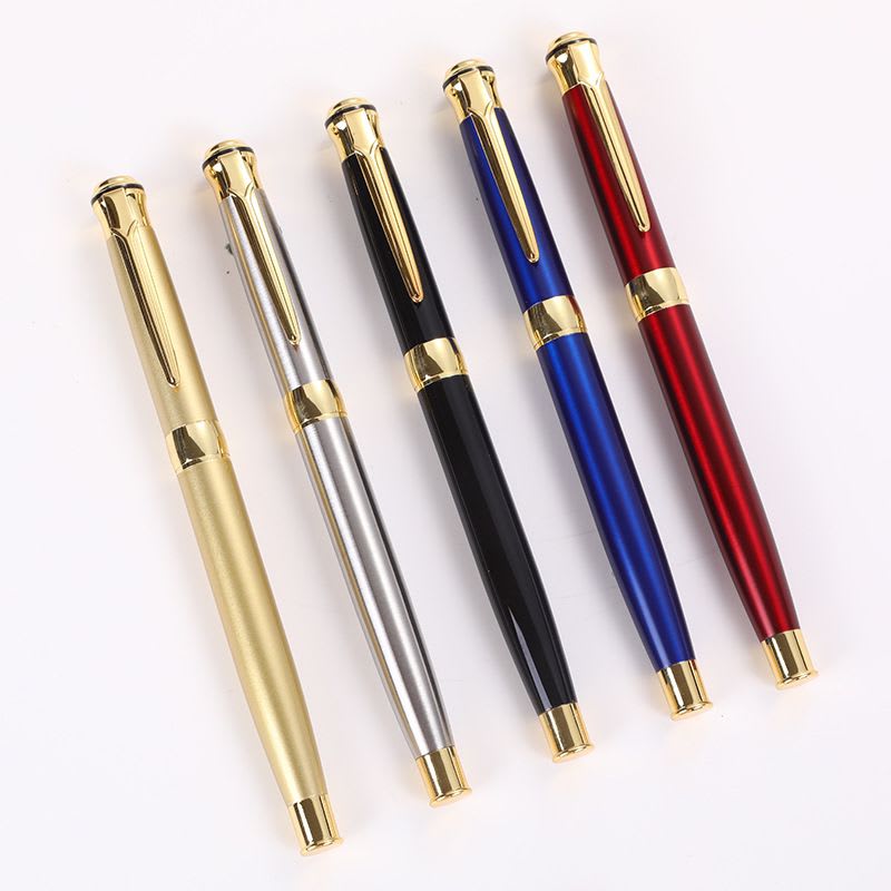 Gold, silver, black, blue and red pens with gold-coloured caps and clips