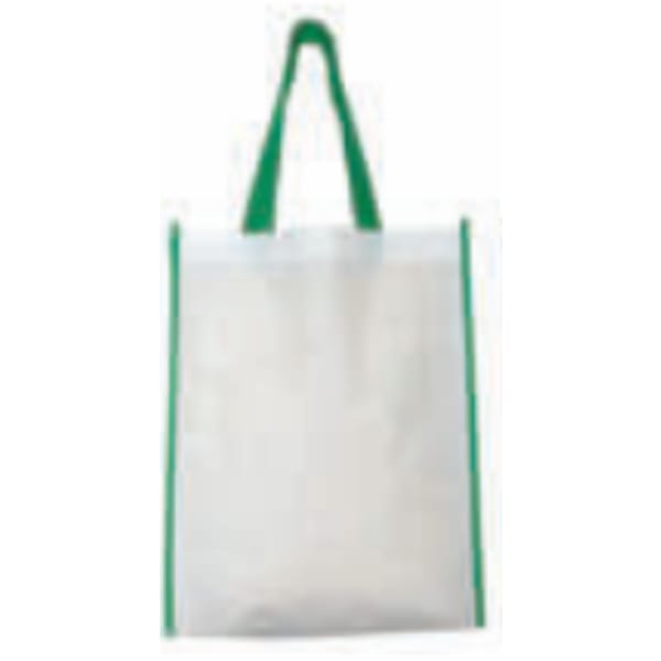 white non-woven tote bag with green handles
