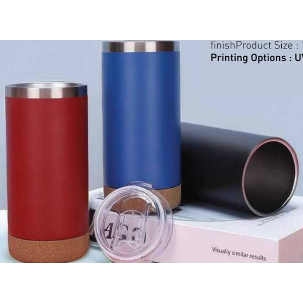 red, blue and black cork-bottom stainless tumblers group