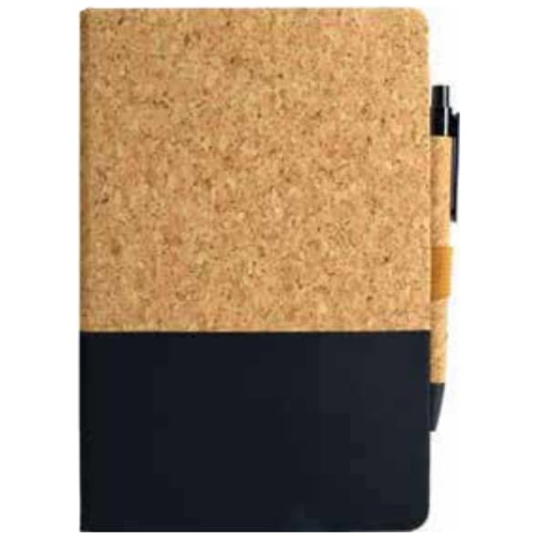 Natural cork and black notebook with pen