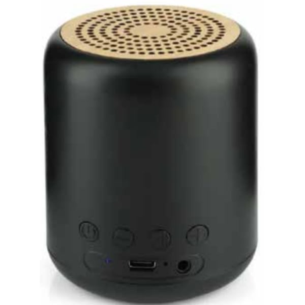 black cylindrical Bluetooth speaker with gold grille
