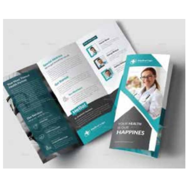 teal and white folded brochure set