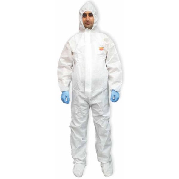 white hooded disposable protective coverall with blue gloves
