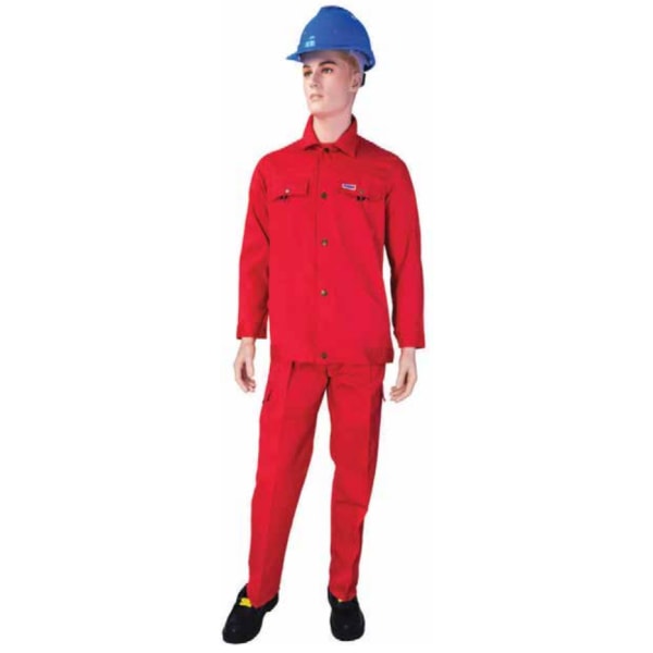 red work shirt and trousers set with blue hard hat
