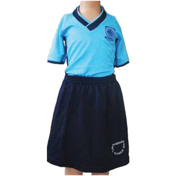 blue sports shirt and navy skirt uniform