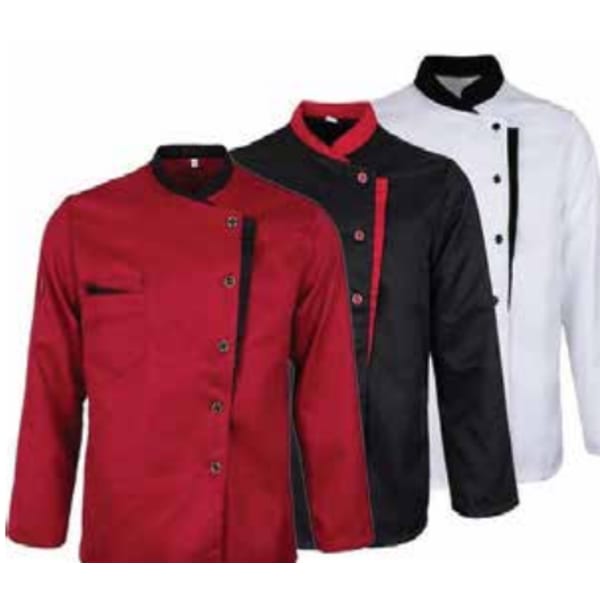 chef jackets, red black and white