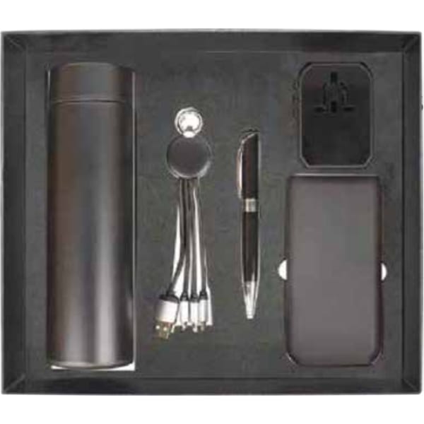 black promotional gift set with bottle, cables, pen and power bank