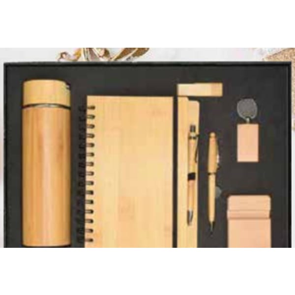 bamboo corporate gift set with bottle, notebook and pens