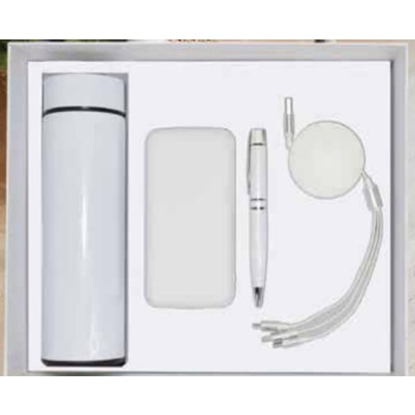 white corporate gift set with bottle, power bank, pen and charging cable