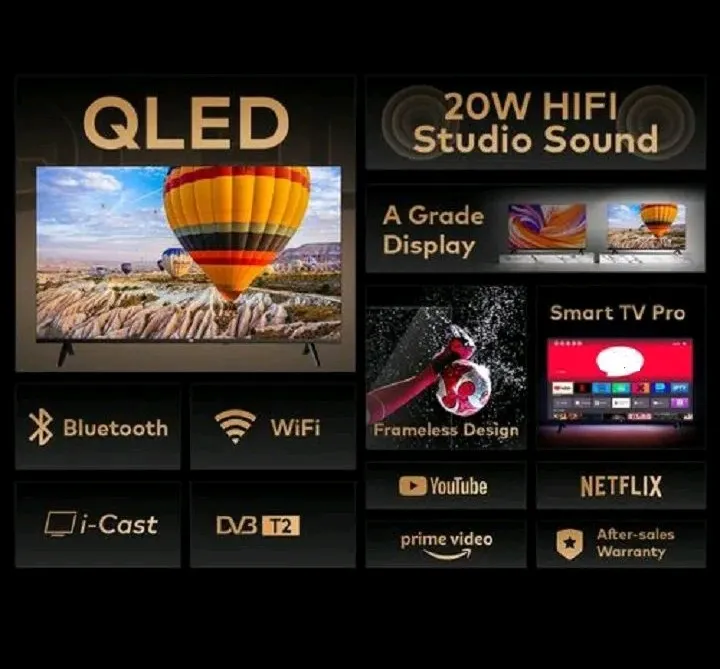 VITRON 32 INCH Smart Android TV 16 Digital QLED TV BLUETOOTH ENABLED HTC3288QS FRAMELESS Inbuilt Decoder Inbuilt WIFI Netflix YouTube App store 2*USB 3*HDMI Ports ICAST VITRON TV