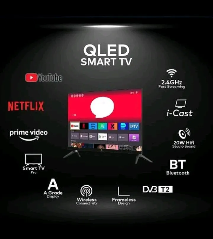 VITRON 32 INCH Smart Android TV 16 Digital QLED TV BLUETOOTH ENABLED HTC3288QS FRAMELESS Inbuilt Decoder Inbuilt WIFI Netflix YouTube App store 2*USB 3*HDMI Ports ICAST VITRON TV