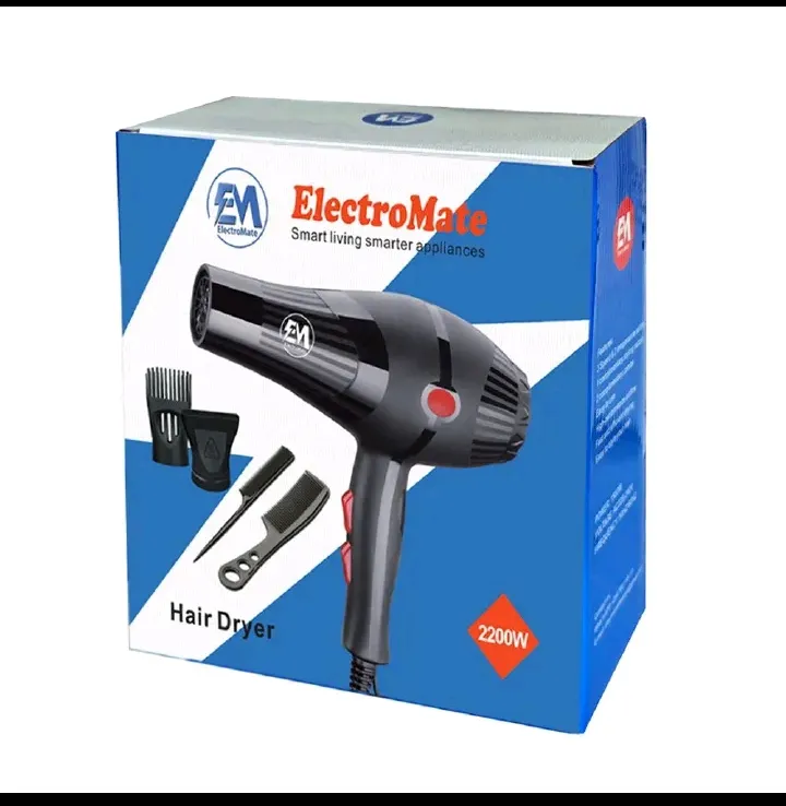 EM Blow Dryer Hair Blower 2200W hair dryer professional with 3 Speed & 2 Temperature Settings – Includes 2 Styling Nozzle & 2 Comb Attachments for Versatile Hair Styling ElectroMate